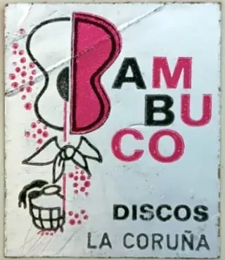 Etiqueta da loja de discos Bambuco, localizada na Corunha